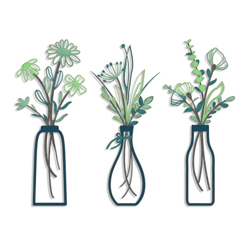 Pigort 3 Pieces Metal Flowers Wall Arts - Rustic Farmhouse Style Décor Metal Wall Art Minimalist Flower Natural Themed Wall Decors for Home Bedroom Dining Room Housewarming (Deep green) - color: Green