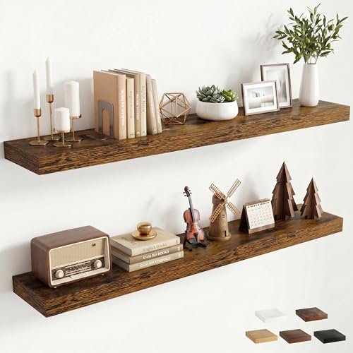 48 inchs Floating Shelves for Wall Mounted Set of 2,Rustic Wood Floating Shelf with Invisible Brackets for Small Bathroom,Bedroom,Living Room,Modern Home Decor -Rustic Brown - color: Rustic Brown, size: 48''W x 7.9''D x 1.5''H,Set of 2-MDF