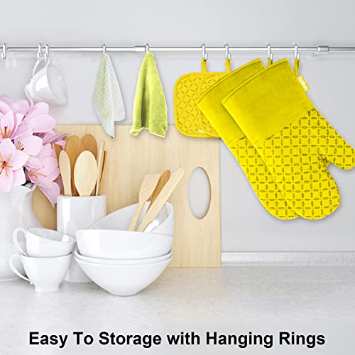 KEGOUU Oven Mitts and Pot Holders 6pcs Set, Kitchen Oven Glove High Heat Resistant 500 Degree Extra Long Oven Mitts and Potholder with Non-Slip Silicone Surface for Cooking (Yellow) - color: Yellow