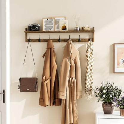 BAMEOS 35" L Wooden Coat Rack Wall Mount, Large Wall Coat Hooks with Shelf, Wall Hanging Shelf with 7 Dual Metal Hooks for Entryway, Bathroom, Kitchen, Living Room, Bedroom - style: Brown-35IN with shelf
