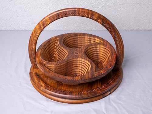 Handmade 14″ Collapsible Wooden Basket, 4-Compartment Paisley Design in Himalayan Rosewood – Fruit Basket, Bread Bowl & Trivet – Folds Flat for Easy Storage – Unique Centerpiece & Gift
