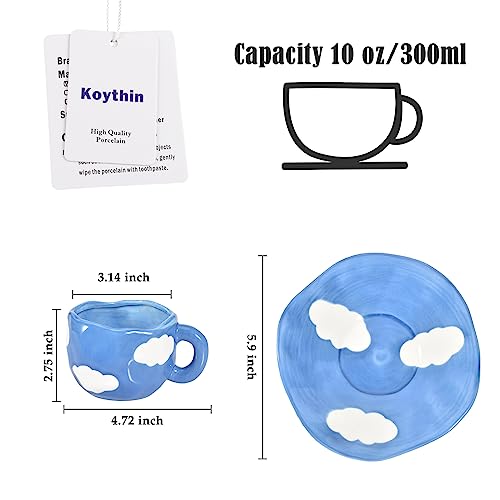 Koythin 10oz Ceramic Mug With Saucer, Dark Blue Sky White Cloud Latte Cup | 300ml Household Cup, Dual Safe Ceramic; Home Office Daily Use, Aesthetic Desk Decor - color: Dark Blue Sky and White Clouds