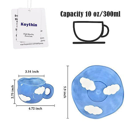 Koythin 10oz Ceramic Mug With Saucer, Dark Blue Sky White Cloud Latte Cup | 300ml Household Cup, Dual Safe Ceramic; Home Office Daily Use, Aesthetic Desk Decor - color: Dark Blue Sky and White Clouds