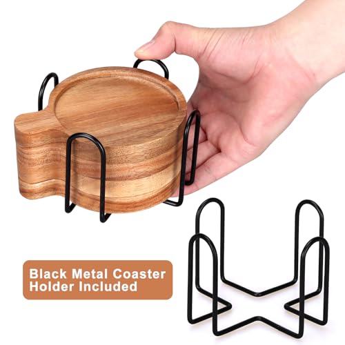 Best Wooden Handle Coasters Set of 4 with Holder Coffee Table Decor Acacia Wood Coaster for Living Room Modern Cup Coaster for Drink Home Kitchen Dining Accessories Bar Farmhouse Outdoor Decorative