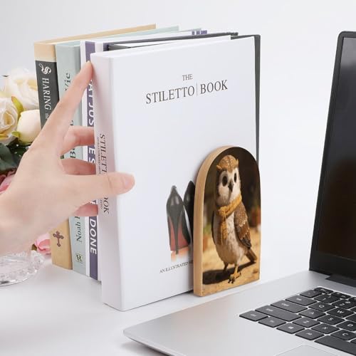 Checked Little Warm Owl Book Ends for Shelves Decorative Wooden Bookends Heavy Duty Non-Skid Book Stopper Modern Book Holder Cute Book Organizer for Home Office Library Desk Decor