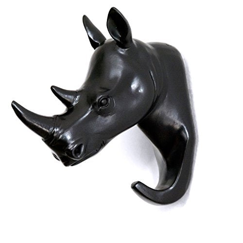 Rhino Head Single Wall Hook/Hanger, Black | Animal Shaped, Heavy Duty, Rustic Decorative, Coat Hat Hook - color: Rhino-Black