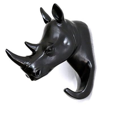 Rhino Head Single Wall Hook/Hanger, Black | Animal Shaped, Heavy Duty, Rustic Decorative, Coat Hat Hook - color: Rhino-Black