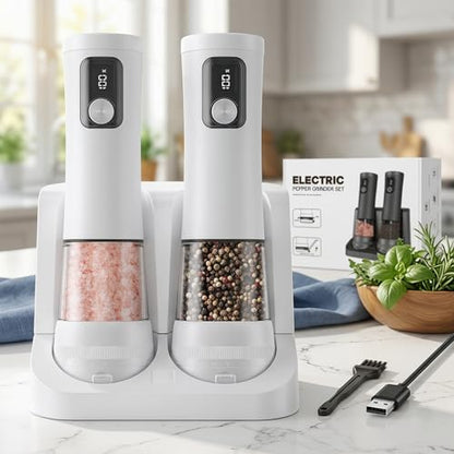 Electric Salt and Pepper Grinder Set, Rechargeable Automatic Pepper Mill with Base,Display, LED Lighting, Large Capacity-Ideal for Kitchen, BBQ Gifts - color: White