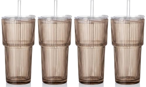 4PCS Gray Glass Cups with Lids and Straws, 20oz Vintage Drinking Glasses, Aesthetic Iced Coffee Cups, Glass Tumbler for Boba, Beer, Tea, Cocktails, Grey Ribbed Glassware Set (Gray-4) - color: Gray-4
