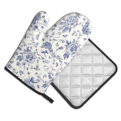 Giwawa Chinoiserie Flower Oven Mitts and Pot Holder Blue Leaves Heat Resistant 2Pcs Washable Oven Gloves Hot Pads for Kitchen Baking Grilling BBQ - color: Chinoiserie Flower