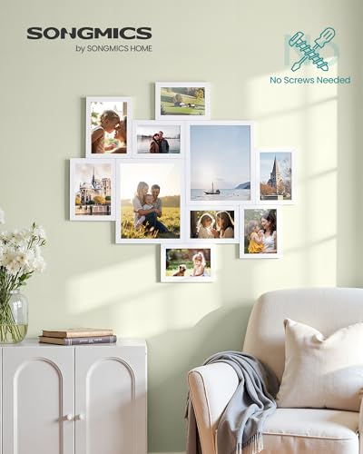 SONGMICS Picture Frames, Collage Photo Frames Set of 10, Two 8x10, Four 5x7, Four 4x6, Wall Gallery Display, Tool-Free Assembly, Cloud White URPF100WZ01 - color: Cloud White, size: 8*10 2 pack+ 5*7 4 pack + 4*6 4 pack