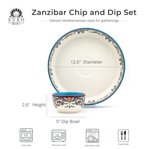 Euro Ceramica Zanzibar Chip and Dip Bowl, 2 Piece Set, Multicolor, 24 ounces