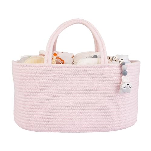 XUANGUO Large Pink Cotton Rope Baby Diaper Caddy Organizer Basket for Girls | Nursery Storage Bin, Portable Baby Tote Bag for Changing Table or Car, Baby Shower Gifts Bag, Newborn Essentials, Registry - color: Light pink, size: Large