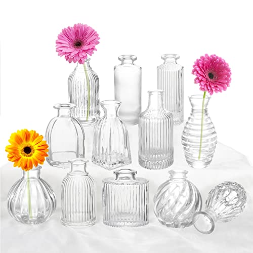 Bud Vases Set of 12, Glass Vase for Decor Centerpieces, Small Vases for Flowers, Clear Flower Vase Stripe Modern Bud Vases in Bulk, Vintage Vases for Floral Wedding Party Table Decoration Home Decor - color: Clear, size: 1 Pack