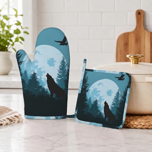 Wolves Howling in Night Heat-Resistant Oven Mitts and Pot Holder Full Moon Kitchen Non-Slip Silicone Cooking Microwave Gloves for Cooking Baking Grilling - color: Wolves Howling in Night
