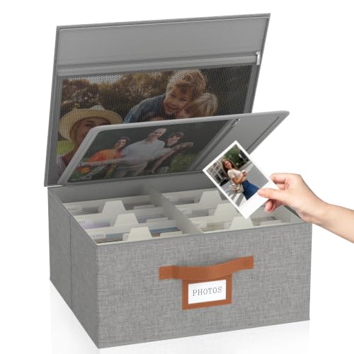 Decorative Photo Storage Box with Zipper Hold Up to 2000 4x6 Pictures, Grey | Linen Photo Box Organizer, 8 Dividers, Handle Design, Archival Memory Keepsake Boxes for Photo, Scrapbook, Cards, Stamps - color: Grey