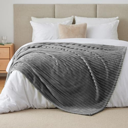 Nookly Grey Twin Size Fleece Blanket, Soft Lightweight Ribbed Plush Bed Blanket, Cozy All-Season Striped Fleece Twin Throw for Bedroom and Home, 60x80 Inches - color: Grey, size: Twin(60"x80")