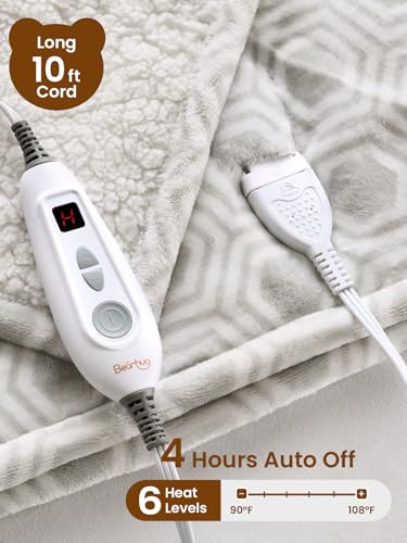 Bearhug Electric Blanket Throw Size, 50" x 60" Heated Blanket with 6 Heating Levels & 4H Auto Shut-Off, Machine Washable Soft Velvet to Sherpa Reversible Heated Throw for Office, Couch and Sofa - color: Snow Gray Honeycomb, size: Throw 50" × 60"