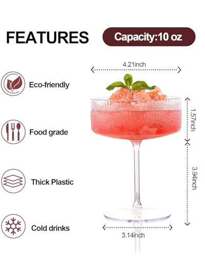 Ciaell 12 Pack Plastic Martini Glasses for Bars Parties | 10 oz Ribbed Coupe Cups, Heavy Duty Plastic, Cocktails Whiskey Margaritas Espresso Martinis for Weddings Outdoor Dinners - color: Clear