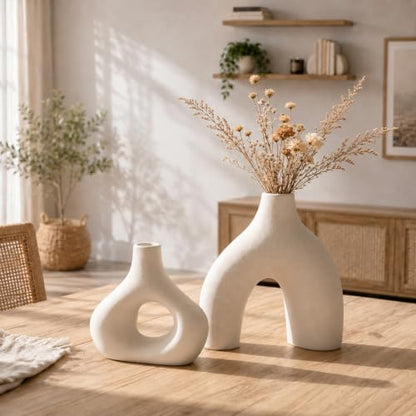 White Ceramic Donut Vase Set of 2, Modern Boho Table Decor | Ideal for mantels, consoles, dining tables, entryways, bedrooms, offices, shelves, coffee tables and nightstands.
