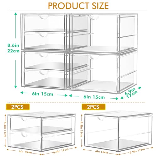 4-Pack Acrylic 6-Drawer Office & Makeup Storage Organizer,Desk | Smooth-glide drawers, clear body, dustproof, wipe clean, for stationery, lipsticks, blush palettes, hair clips, sticky notes - size: 6 Drawers