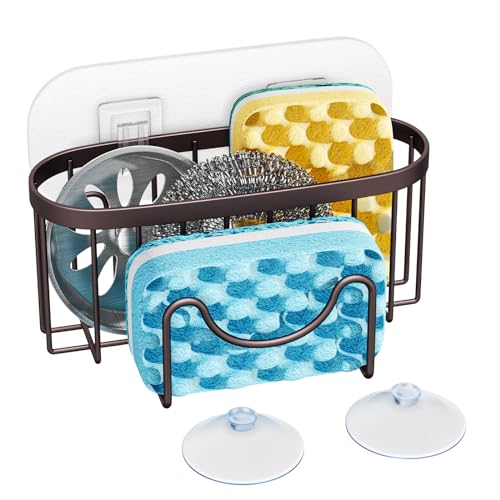 HapiRm Multifunctional Sponge Holder for Kitchen Sink with Unique M-Shaped, 2 Installation Methods Sink Caddy, Stainless Steel Kitchen Organizer for Sponge, Brush, Sink Stopper and Scraper -Bronze - color: Bronze, size: with M-shaped Holder