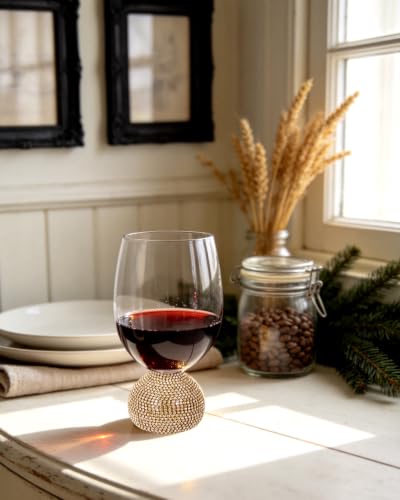 Stemless Fancy Wine Glasses Set of 4,Luxury Crystal Wine Glasses Hand Blown | 15 oz With Rhinestones Unbreakable,Perfect for Red or White Unique Wine Gifts for Women,Party,Birthday (Gold Clear) - color: Gold Red wine glass