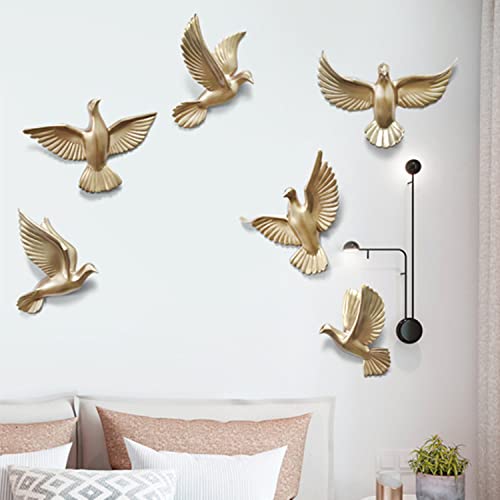 Dove Wall Art Decor Set - 6 Pieces 3D Resin Peace Pigeon Wall Sculptures for Indoor/Outdoor, Creativity Wall Hanging Birds Collection - color: Gold