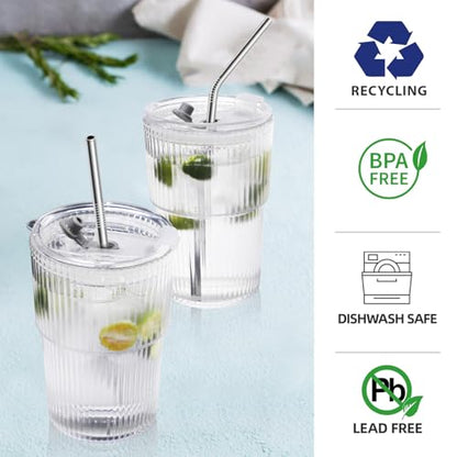 16 OZ Reusable Iced Coffee Cups with Lids and Straws, Unbreakable Plastic Drinking Glasses for Iced Tea, Juice, Water, BPA Free, Dishwasher Safe, Set of 8 - style: 8 pack