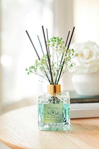 Reed Diffuser Set - Eucalyptus Mint Oil, Oil Diffuser Sticks, Bathroom Diffuser, Bathroom Decor, 200ml with Preserved Flowers - PEANÄK - size: 6.7 Ounce/1pack