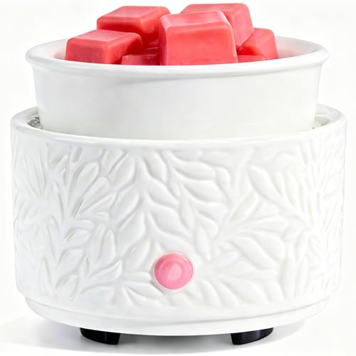 ElusiaKa Electric Wax Melt Warmer for Scented Wax Ceramic Wax Burner-White | Flameless 3 in 1 Wax Melter for Wax Cubes & Essential Oil, Fast Heating, Bedroom, Bathroom, Living Room Decor, Gift for Women - color: White Leaves