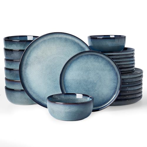 Famiware Milkyway 24-Piece Stoneware Dinnerware Set, Dusty Blue | Plates and Bowls for 8, Handmade Reactive Glaze Dish Set, Microwave & Dishwasher Safe, Chip & Scratch Resistant - color: Dusty Blue, size: Service for 8 (Standard Dinner Set)