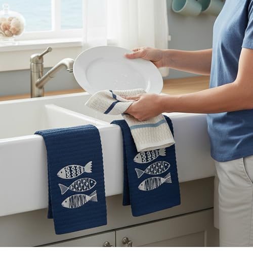 Coastal Kitchen Towels- Set of 3 Navy Blue 100% Cotton Embroidered Fish Design - 16 x 26 Multipurpose Towels for Everyday Use - color: Fish Trio