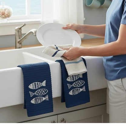 Coastal Kitchen Towels- Set of 3 Navy Blue 100% Cotton Embroidered Fish Design - 16 x 26 Multipurpose Towels for Everyday Use - color: Fish Trio