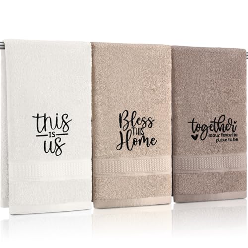 3 Pcs Farmhouse Decorative Hand Towels for Bathroom and Kitchen Rustic Embroidered Cotton Hand Towels Decorative Set for Boho Bathroom Decor(Brown,Inspirational Language) - color: Brown, style: Inspirational Language