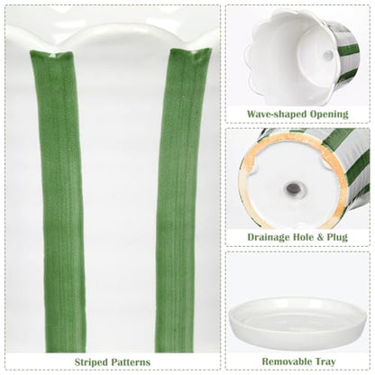 Set of 2 Flower Planter, 5.8 inch Ceramic Plant Pots with Drainage Hole and Sauser, Stripe Ceramic Planters with Wavy Opening for Indoor Outdoor Home Gardening Desktop Windowsill - color: Green & White