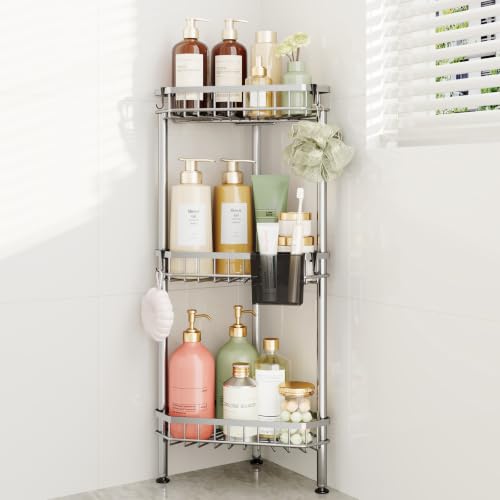 Consumest Corner Shower Caddy Stand - Rustproof Bathroom Organizer&Storage | 3 Tier Shower Shelves for Inside Shower, Stainless Steel Corner Shelf with Soap Holder, 4 Hooks, Brush Holder, Silver - color: Silver, size: 3 Tier