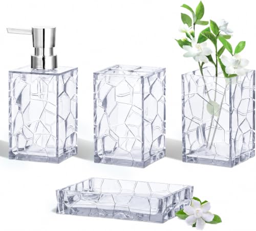 HBlife Bathroom Accessories Set, Acrylic Bathroom Counter Set of 4 | Boho acrylic bathroom decor, 4-pc: holder, soap, tumbler, dish, Easy-clean & rustproofd, Ideal housewarming gift - style: White