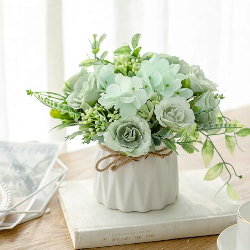 TKAS Fake Flowers Arrangement in Ceramic Vase, Artificial Faux Silk Roses & Hydrangea, Small Realistic Dried-Style Floral Centerpiece for Dining Table, Wedding Party Home Decoration (Green) - color: Green