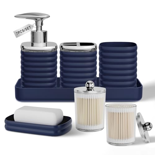Bathroom Accessory Set - Gorgeous Bathroom Set, 7PC Navy Blue Bathroom Accessories Set, Soap Dispenser, Toothbrush Holder, Qtip Holder Set, Bathroom Accessories Sets Complete for Home - color: Navy Blue&silver