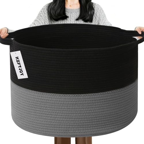 65L Large Blanket Basket,Woven Rope Laundry Basket-Black&Dark Grey | Collapsible, reinforced handles, nursery storage bin organizes clothes, toys and pillows for living room, bedroom bathroom - color: Black&Dark Grey, size: 19.7"L x 19.7"W x 13"H(65L)