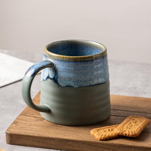 15.5oz Large Heavyweight Ceramic Mug, Reactive (Blue-Grey) | 15.5oz Medium-Large, Heavy Weighted Stoneware, Reactive Transmutation Glaze, Microwave & Dishwasher Safe, Gift Box - color: Blue-Grey