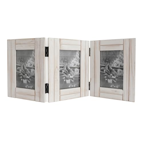 RiteSune Rustic Picture Frame White, 4X6 Picture Frame College, 3 Photo Frame Hinged Farmhouse Picture Frames Desk Photo Frame for Home Office - color: Trifold White 4X6