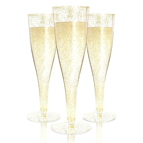 Prestee 200 Disposable Champagne Flutes Gold Glitter Glasses - 4.5 Oz Plastic Champagne Cups for Parties, Wedding Toasts, Mimosa Bar, and New Year’s Eve - Elegant Bulk Gold Plastic Wine Flutes | Disposable - color: Gold Glitter, size: 200 Count (Pack of 1