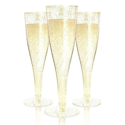 Prestee 200 Disposable Champagne Flutes Gold Glitter Glasses - 4.5 Oz Plastic Champagne Cups for Parties, Wedding Toasts, Mimosa Bar, and New Year’s Eve - Elegant Bulk Gold Plastic Wine Flutes | Disposable - color: Gold Glitter, size: 200 Count (Pack of 1