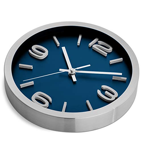 Bernhard Products Wall Clock 10 Inch Modern Silver Round Elegant Metal Quality Quartz, Silent Non Ticking Battery Operated Home Office Clock with 3D Numbers (Silver & Prussian Blue) - color: Silver & Prussian Blue