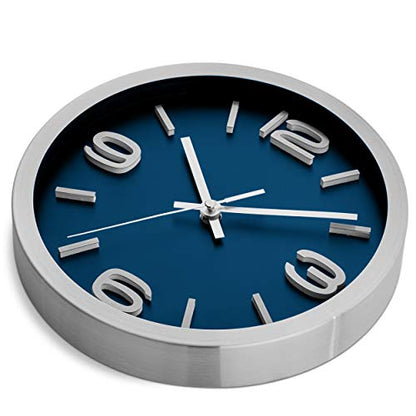 Bernhard Products Wall Clock 10 Inch Modern Silver Round Elegant Metal Quality Quartz, Silent Non Ticking Battery Operated Home Office Clock with 3D Numbers (Silver & Prussian Blue) - color: Silver & Prussian Blue