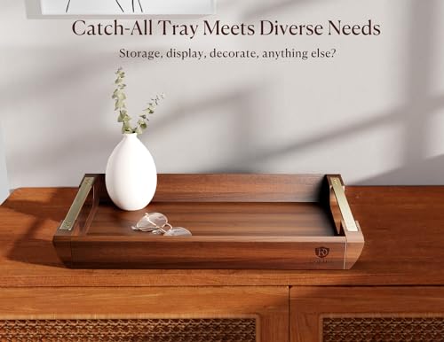 Acacia Wood Serving Tray with Metal Handles, 17x13in Large Ottoman Tray, Food Drinks Tray for Coffee Table, Breakfast, Dinner & Bar, Rustic Decorative Tray for Kitchen, Bedroom Gift Box | Perfect for Breakfast, Drinks, Decor, Appetizers and Snacks, Ideal
