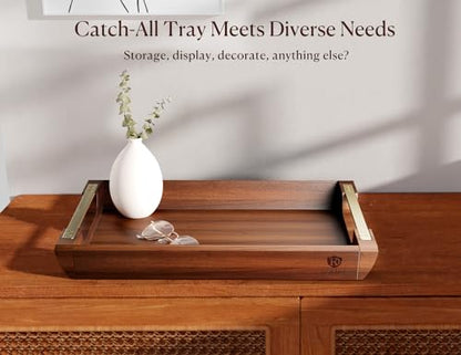 Acacia Wood Serving Tray with Metal Handles, 17x13in Large Ottoman Tray, Food Drinks Tray for Coffee Table, Breakfast, Dinner & Bar, Rustic Decorative Tray for Kitchen, Bedroom Gift Box | Perfect for Breakfast, Drinks, Decor, Appetizers and Snacks, Ideal