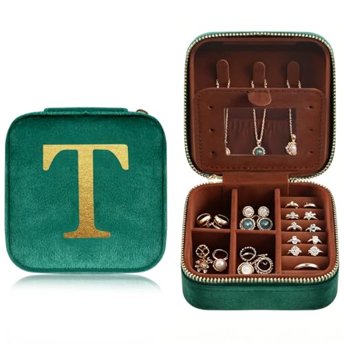 Personalized Jewelry Box Travel Jewelry Case For Women Vintage Green Plush Velvet Gifts For Family Member Friends For Carrying During Short Trips Business Trips Travel Essentials Letter T - color: T